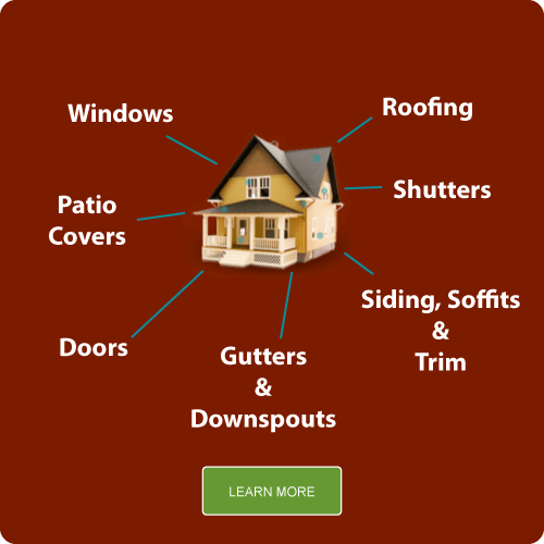 Patio Covers, Roofing, Shutters, Gutters & Downspouts, Carports & Awnings, Doors, Siding, Soffits & Trim, and Windows